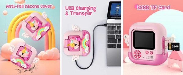 دوربین عکاسی و فیلمبرداری دیجیتال کودک با چاپ فوری حرارتی طرح یونیکورن صورتی مدل M9_اسباب بازی