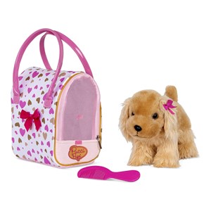 کیف دستی پوچی پاپز Pucci Pups به همراه هاپو پولیشی مدل Pucci Pups Gold and Pink Heart Print Glam Bag with Cocker Spaniel_اسباب بازی
