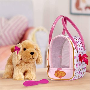 کیف دستی پوچی پاپز Pucci Pups به همراه هاپو پولیشی مدل Pucci Pups Gold and Pink Heart Print Glam Bag with Cocker Spaniel_اسباب بازی