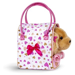 کیف دستی پوچی پاپز Pucci Pups به همراه هاپو پولیشی مدل Pucci Pups Gold and Pink Heart Print Glam Bag with Cocker Spaniel_اسباب بازی