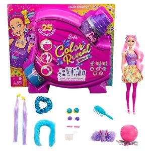 عروسک جادويی باربی با 1 حيوون خونگی همراه 25 سورپرايز مدل Mattel - Dolls - Color Reveal - Hair Swaps Doll Glittery Pink With 25 Surprises_اسباب بازی