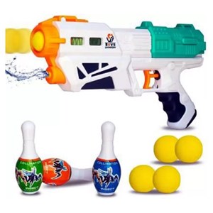 تفنگ اسباب بازی آب پاش دو کاره به همراه توپ اسفنجی و بولینگ_اسباب بازی
