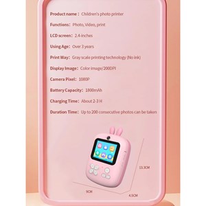 دوربین عکاسی و فیلمبرداری دیجیتال کودک با چاپ فوری حرارتی طرح خرگوش صورتی_اسباب بازی