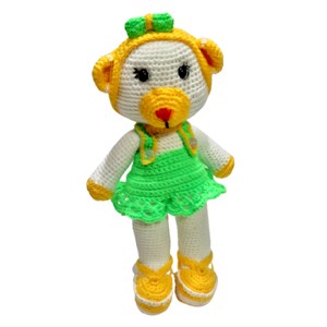 عروسک دست ساز بافتنی مدل خرس لباس سبز_اسباب بازی