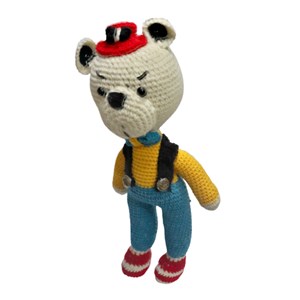 عروسک دست ساز بافتنی مدل خرس شلوار آبی_اسباب بازی