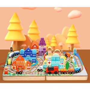 پازل شهر کوچک چوبی تاشو همراه با قطار و ماشین، 90 قطعه مدل TOYARTSY Track Box City_اسباب بازی