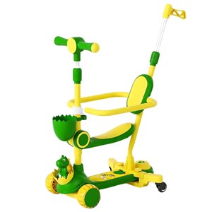 اسکوتر 3 کاره صندلی دار تاشو با 5 چرخ چراغدار و موزیکال رنگ سبز_اسباب بازی