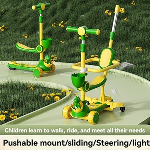 اسکوتر 3 کاره صندلی دار تاشو با 5 چرخ چراغدار و موزیکال رنگ سبز_اسباب بازی