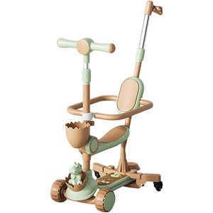 اسکوتر 3 کاره صندلی دار تاشو با 5 چرخ چراغدار و موزیکال رنگ سبز روشن_اسباب بازی