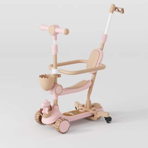 اسکوتر 3 کاره صندلی دار تاشو با 5 چرخ چراغدار و موزیکال رنگ صورتی_اسباب بازی