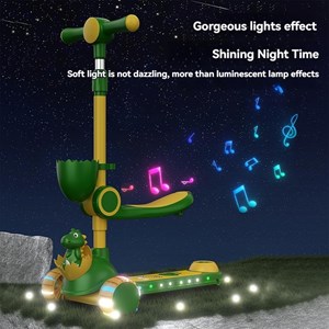 اسکوتر 3 کاره صندلی دار تاشو با 5 چرخ چراغدار و موزیکال رنگ قهوه ای_اسباب بازی